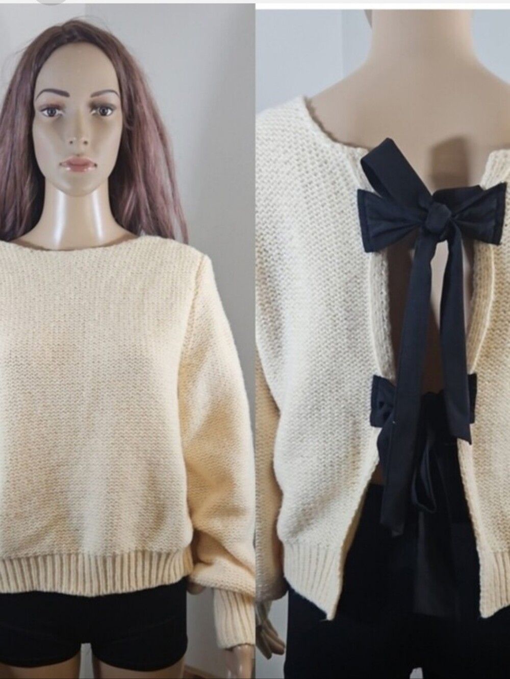 Commense Cream Crewneck Chunky Knit Sweater Black Ribbon Bow Back Ties